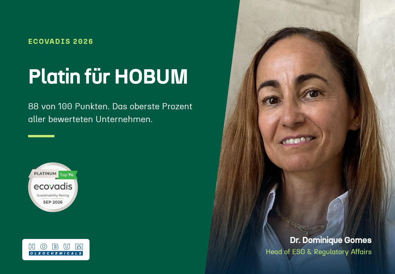 EcoVadis Platin 2026 für HOBUM, 88 von 100 Punkten, daneben Dr. Dominique Gomes, Head of ESG und Regulatory Affairs