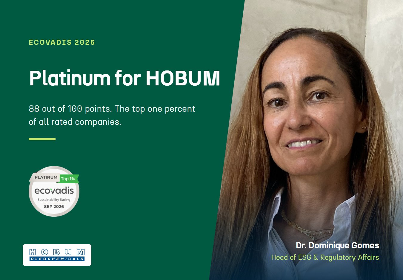 EcoVadis platinum 2026 for HOBUM, 88 out of 100 points, next to Dr. Dominique Gomes, Head of ESG and Regulatory Affairs