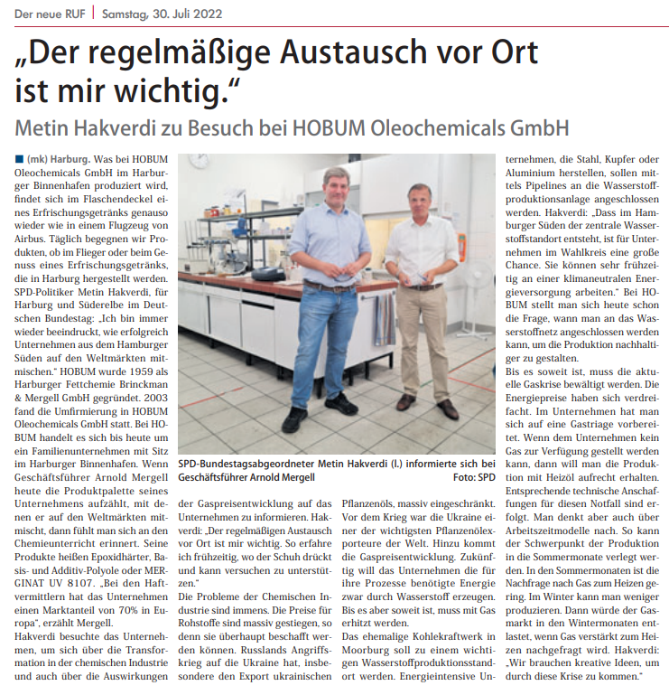 Metin Hakverdi zu Besuch bei der HOBUM Oleochemicals GmbH